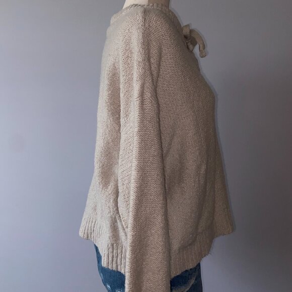 American Eagle Soft Beige Crew Neck Sweater With Lace Tie Front Design Size XL - Picture 5 of 7
